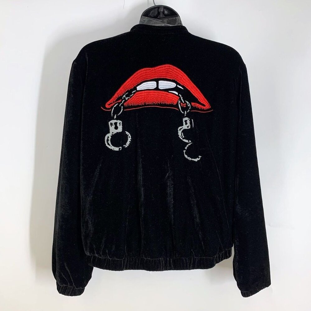 Obey Propaganda Women's Tough Love Bite Lip Handcuffs Velvet Bomber Jacket SZ S